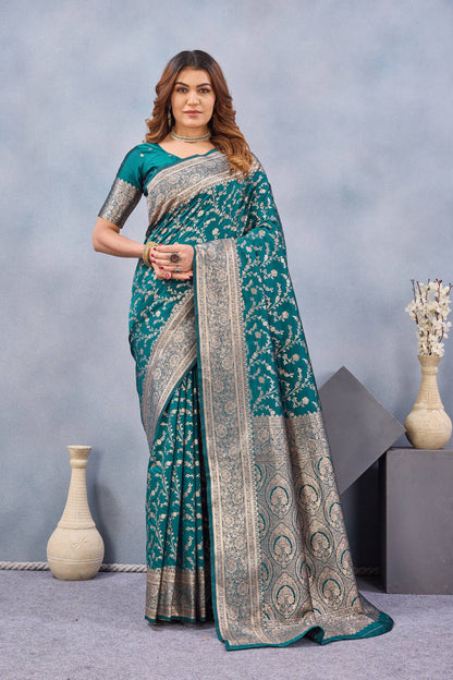Divine International Trading Co Turuoise Soft Silk Blend Banarasi Jacuard Work Designer Party Wear Saree With Unstitched Blouse Piece