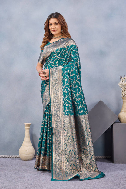Divine International Trading Co Turuoise Soft Silk Blend Banarasi Jacuard Work Designer Party Wear Saree With Unstitched Blouse Piece
