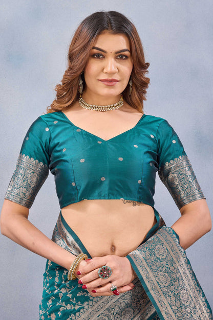 Divine International Trading Co Turuoise Soft Silk Blend Banarasi Jacuard Work Designer Party Wear Saree With Unstitched Blouse Piece