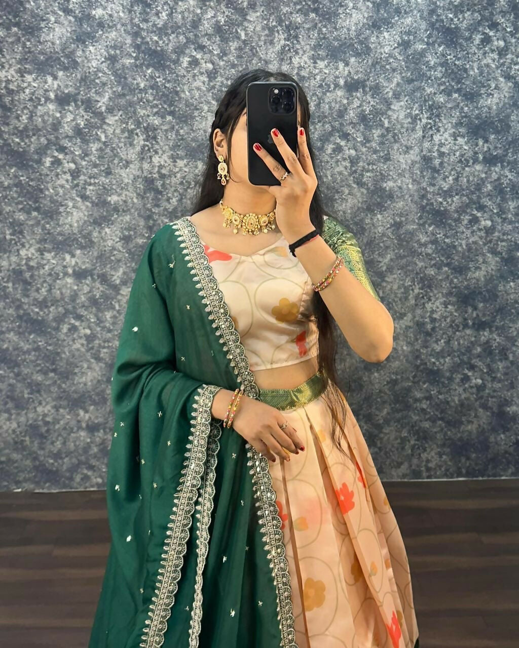 Teeya Creation Womens New Trendy Designer Green Floral Lehenga Choli Set with Contrast Border and Dupatta Set