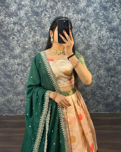 Teeya Creation Womens New Trendy Designer Green Floral Lehenga Choli Set with Contrast Border and Dupatta Set