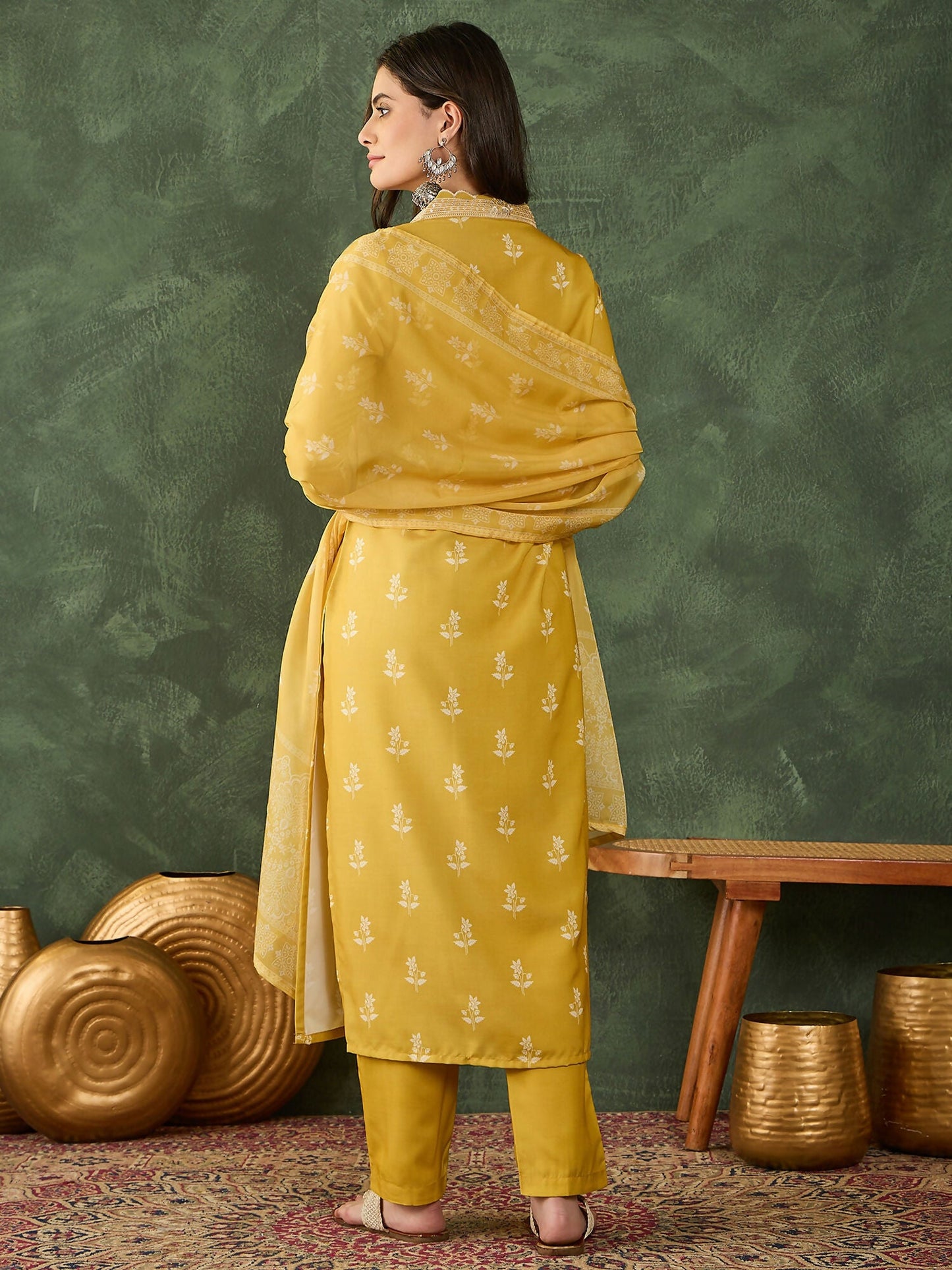 The52 Women's Gorgeous Rayon Fabric Printed Work Straight Kurta Pant and Dupatta Set-Yellow