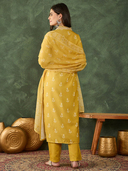 The52 Women's Gorgeous Rayon Fabric Printed Work Straight Kurta Pant and Dupatta Set-Yellow