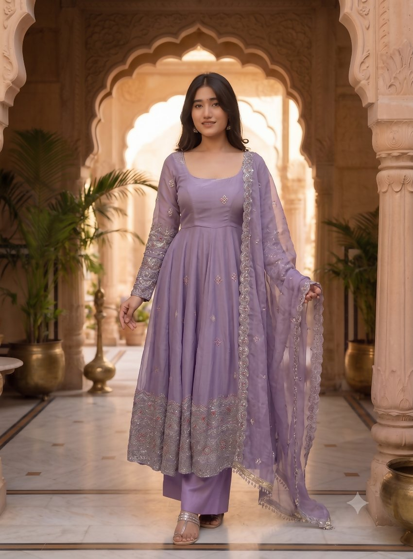 Teeya Creation Designer Lavender Ethnic Suit Set With Heavy Embroidery And Dupatta