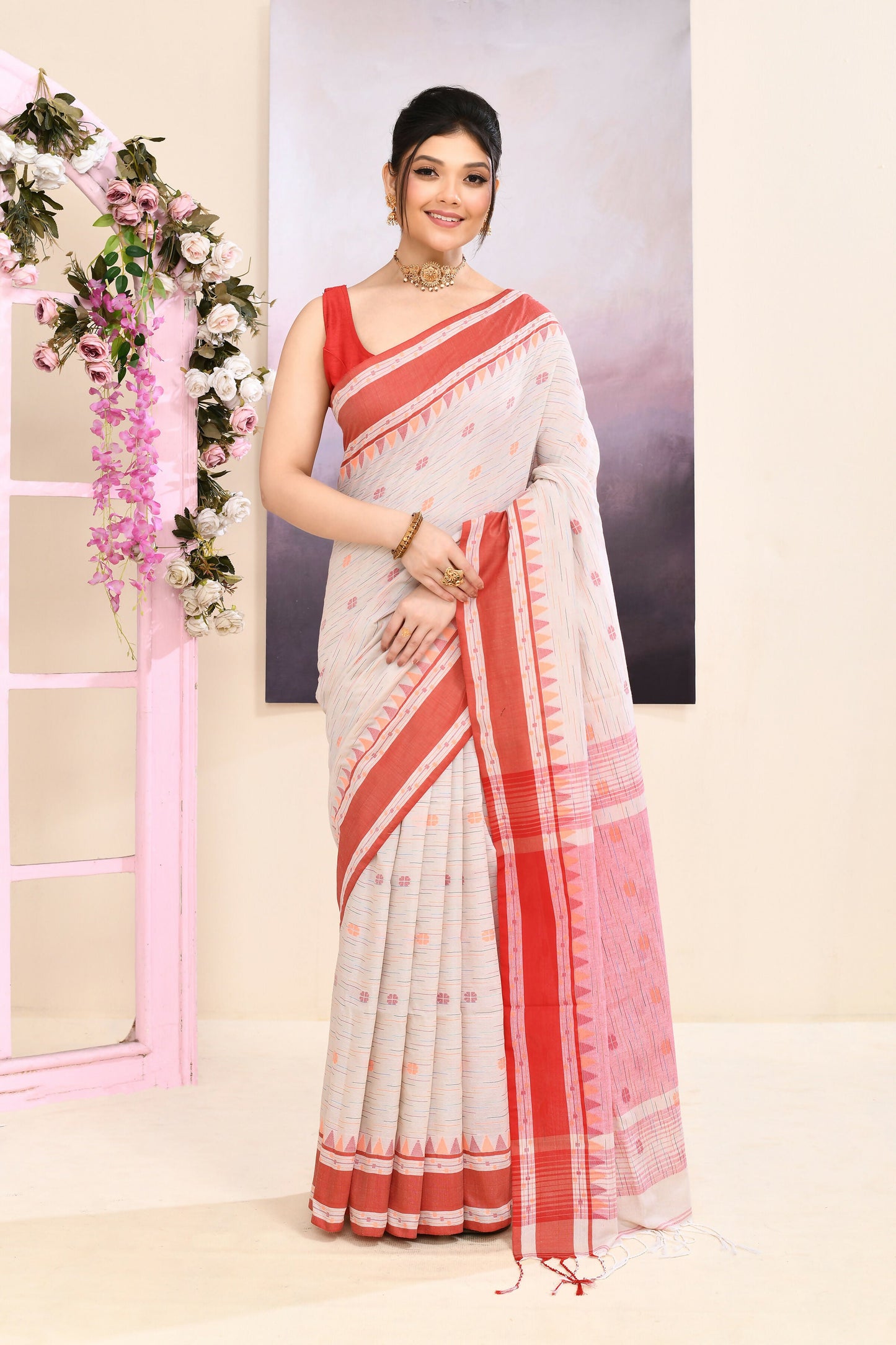 Piyari Fashion Women's Beige Embellished Cotton Saree