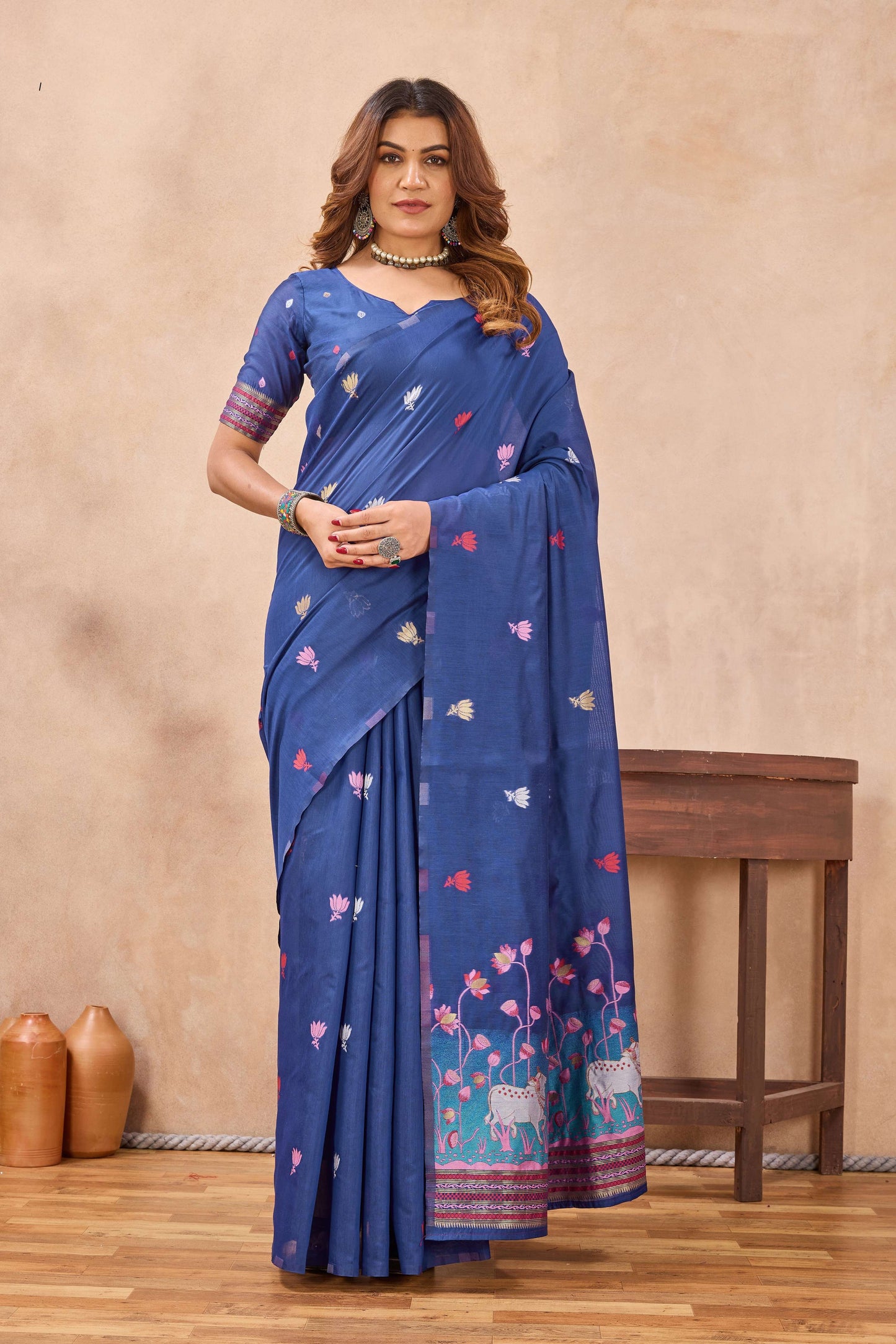 Divine International Trading Co Blue Linen Designer Party Wear Festive Saree With Unstitched Blouse Piece
