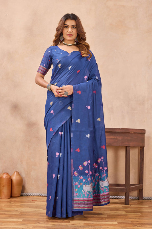 Divine International Trading Co Blue Linen Designer Party Wear Festive Saree With Unstitched Blouse Piece