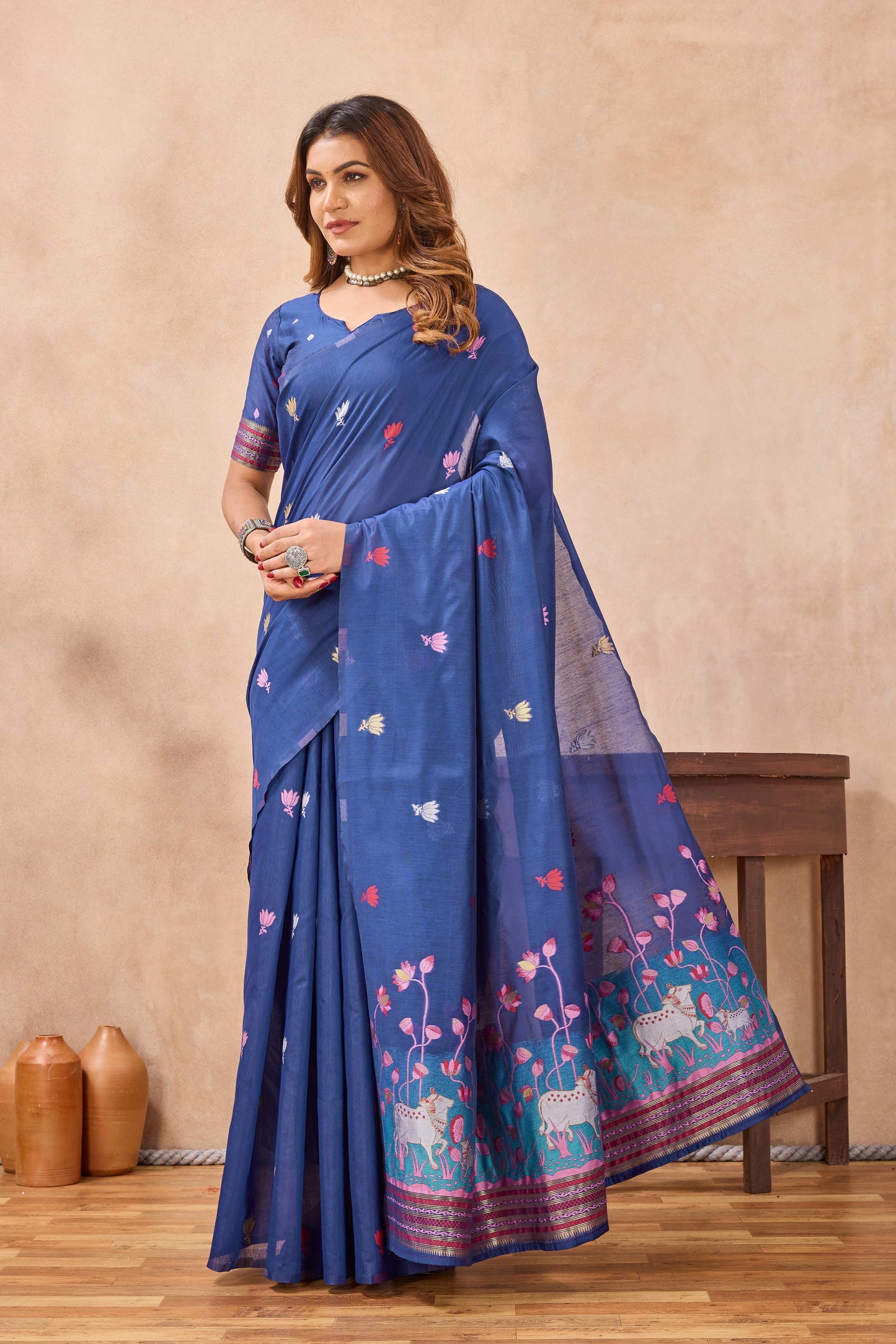 Divine International Trading Co Blue Linen Designer Party Wear Festive Saree With Unstitched Blouse Piece