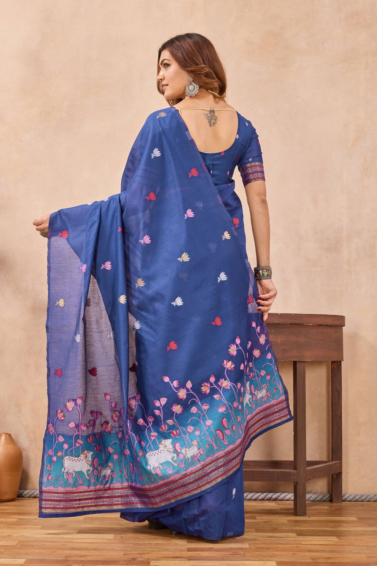 Divine International Trading Co Blue Linen Designer Party Wear Festive Saree With Unstitched Blouse Piece