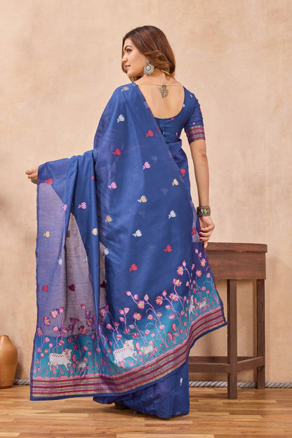 Divine International Trading Co Blue Linen Designer Party Wear Festive Saree With Unstitched Blouse Piece
