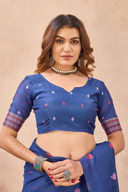 Divine International Trading Co Blue Linen Designer Party Wear Festive Saree With Unstitched Blouse Piece