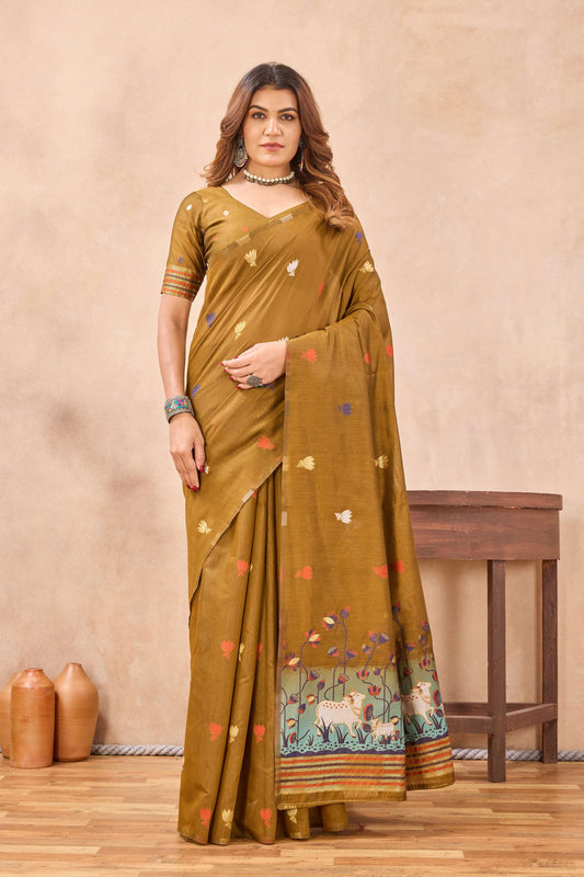Divine International Trading Co Mustard Linen Designer Party Wear Festive Saree With Unstitched Blouse Piece