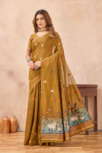 Divine International Trading Co Mustard Linen Designer Party Wear Festive Saree With Unstitched Blouse Piece