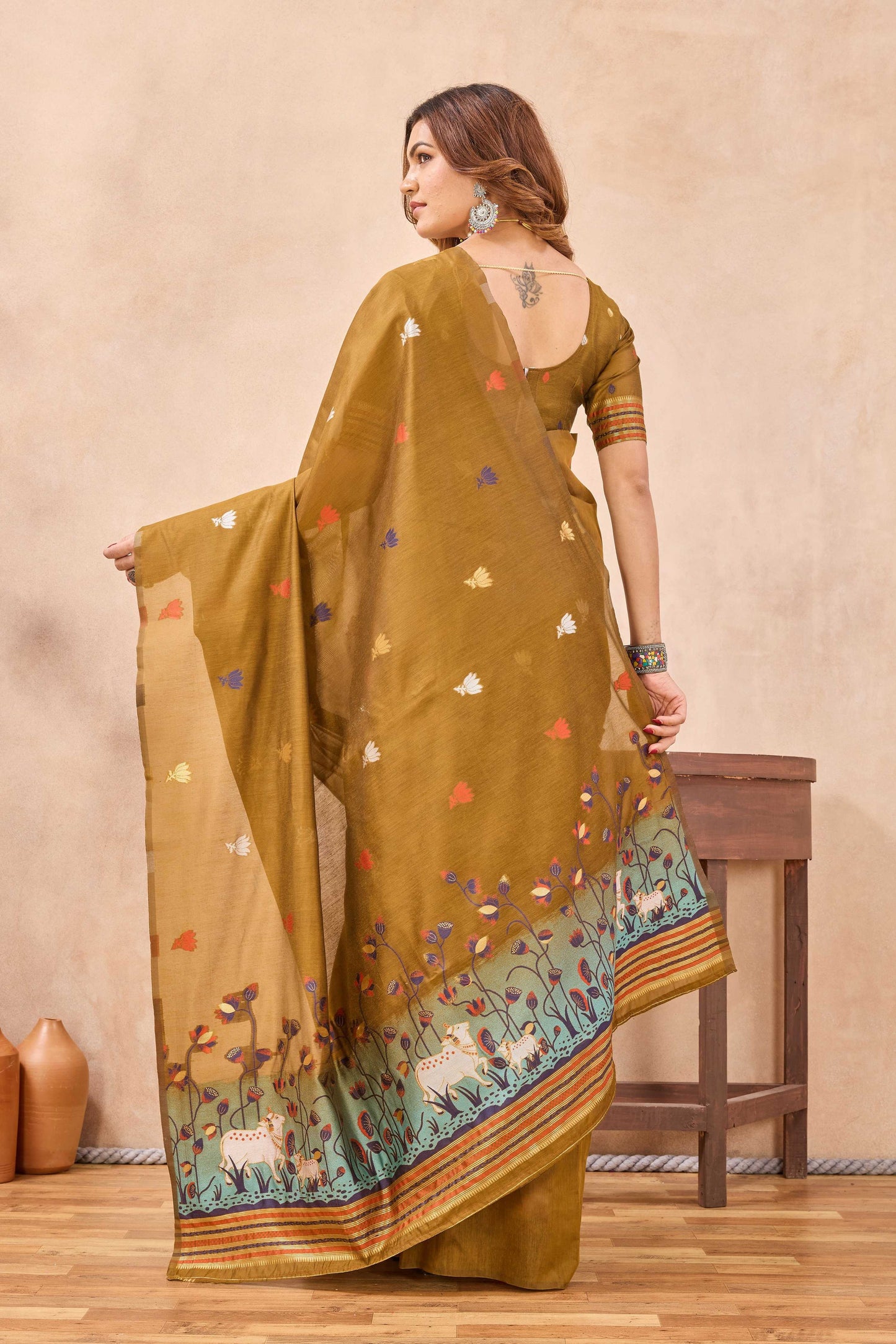 Divine International Trading Co Mustard Linen Designer Party Wear Festive Saree With Unstitched Blouse Piece