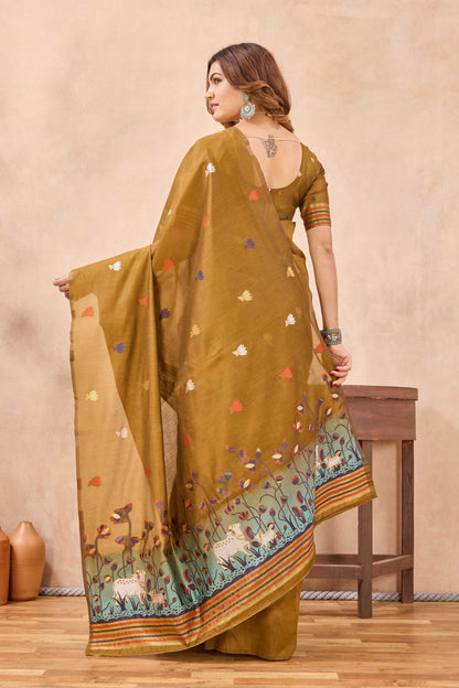 Divine International Trading Co Mustard Linen Designer Party Wear Festive Saree With Unstitched Blouse Piece
