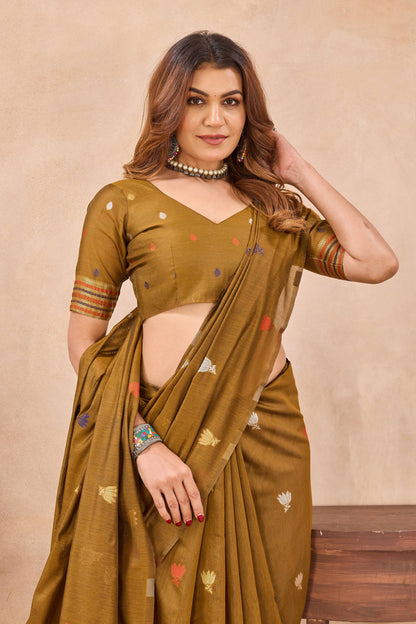 Divine International Trading Co Mustard Linen Designer Party Wear Festive Saree With Unstitched Blouse Piece