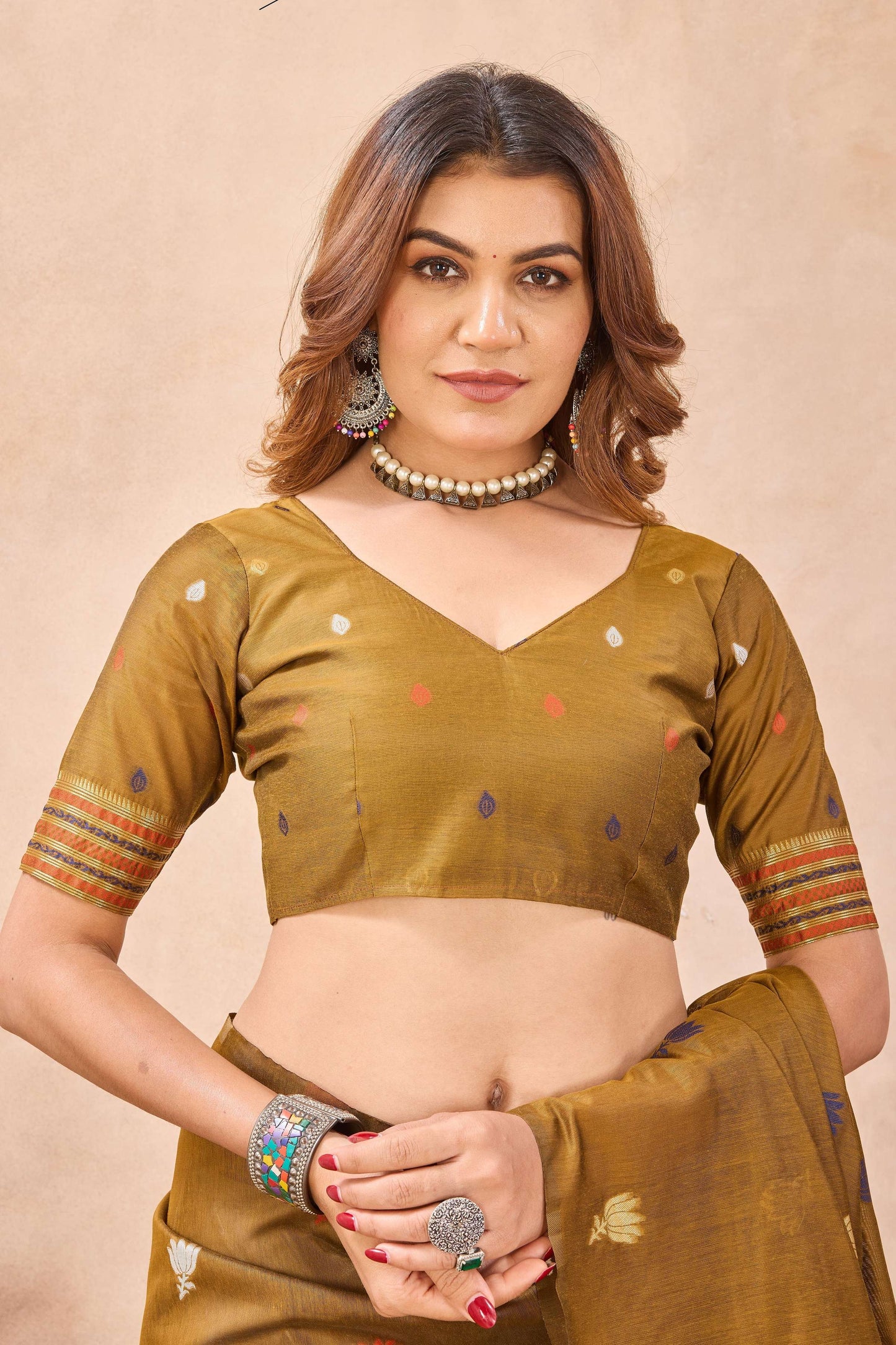 Divine International Trading Co Mustard Linen Designer Party Wear Festive Saree With Unstitched Blouse Piece