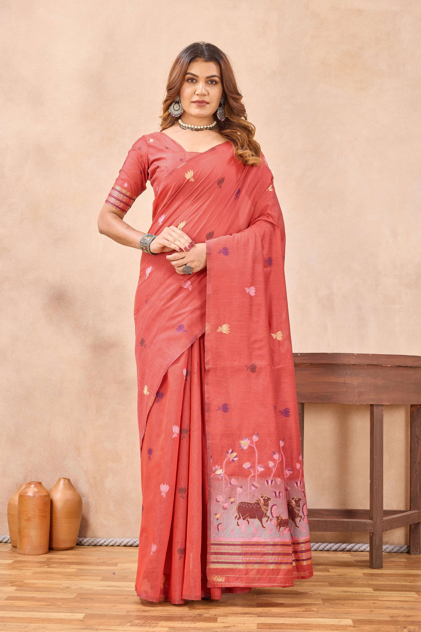 Divine International Trading Co Peach Linen Designer Party Wear Festive Saree With Unstitched Blouse Piece