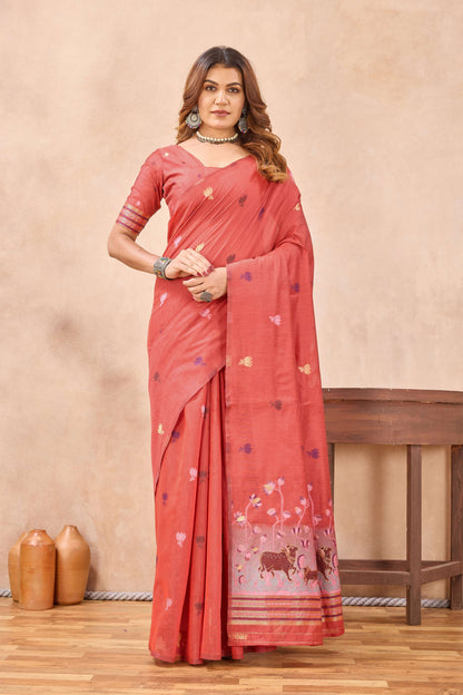 Divine International Trading Co Peach Linen Designer Party Wear Festive Saree With Unstitched Blouse Piece