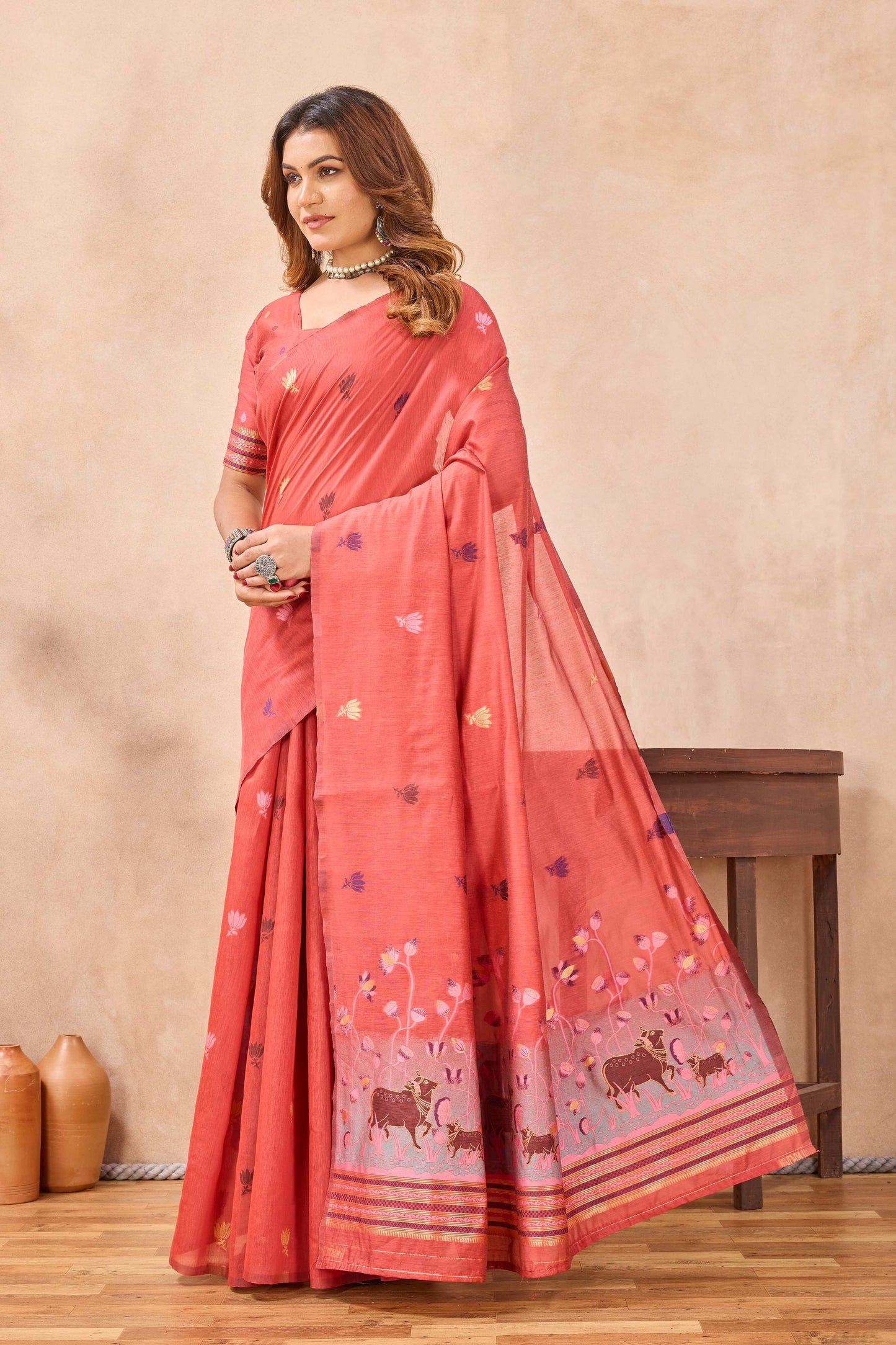 Divine International Trading Co Peach Linen Designer Party Wear Festive Saree With Unstitched Blouse Piece