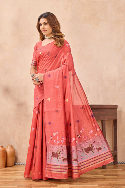 Divine International Trading Co Peach Linen Designer Party Wear Festive Saree With Unstitched Blouse Piece