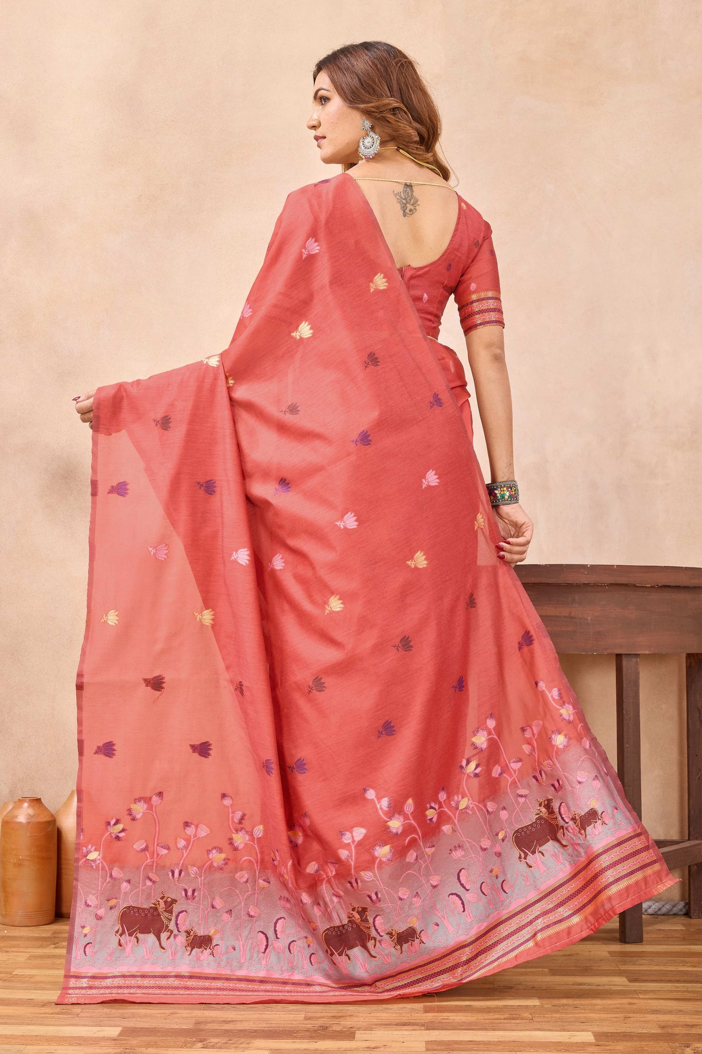 Divine International Trading Co Peach Linen Designer Party Wear Festive Saree With Unstitched Blouse Piece