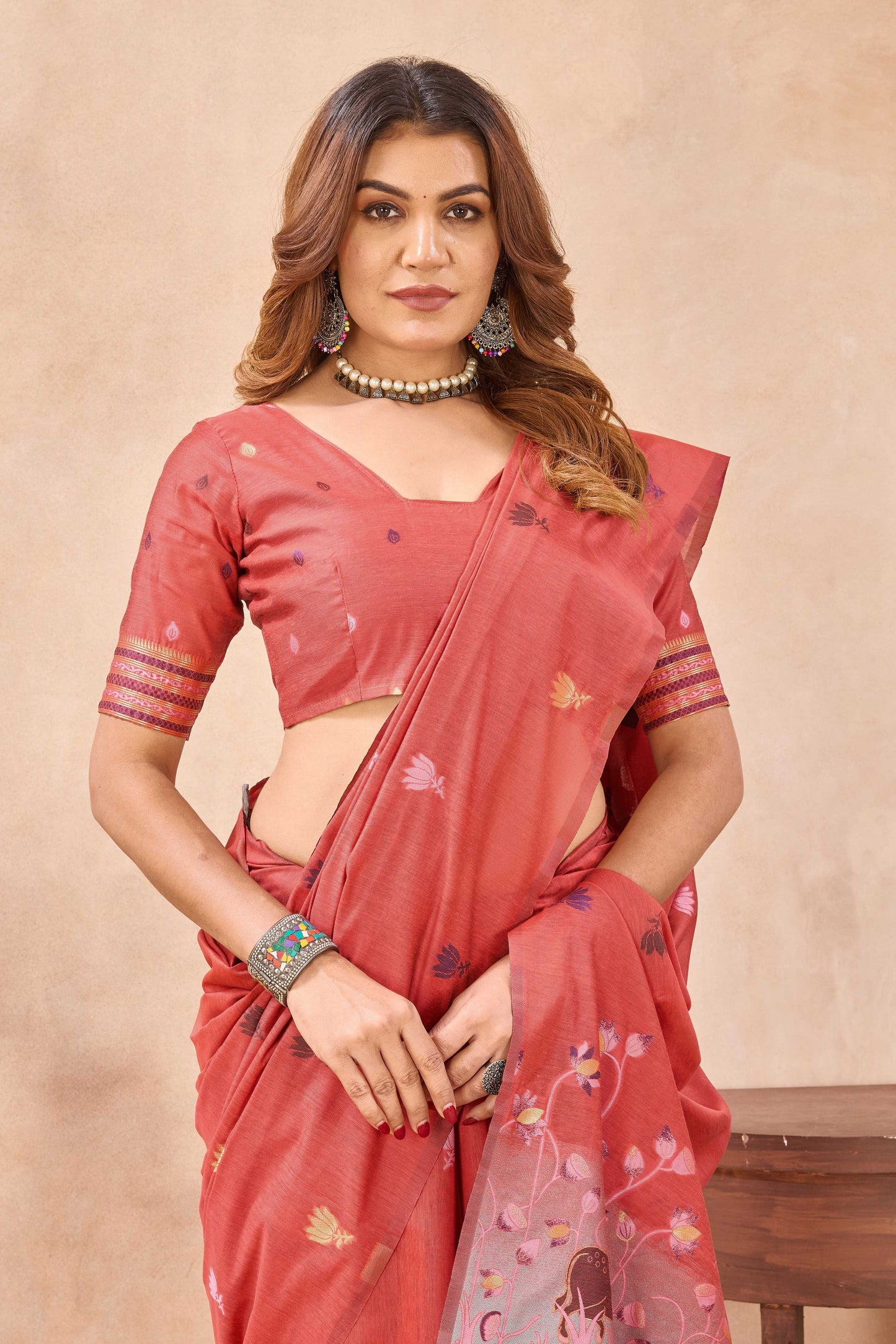Divine International Trading Co Peach Linen Designer Party Wear Festive Saree With Unstitched Blouse Piece