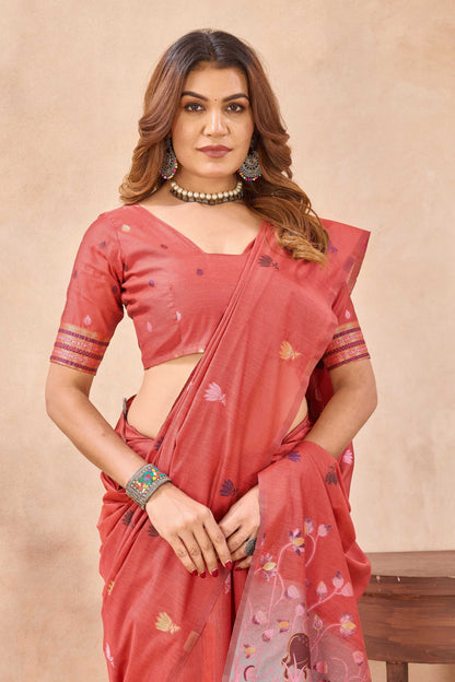 Divine International Trading Co Peach Linen Designer Party Wear Festive Saree With Unstitched Blouse Piece