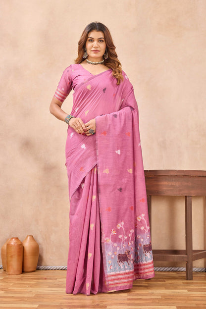 Divine International Trading Co Pink Linen Designer Party Wear Festive Saree With Unstitched Blouse Piece