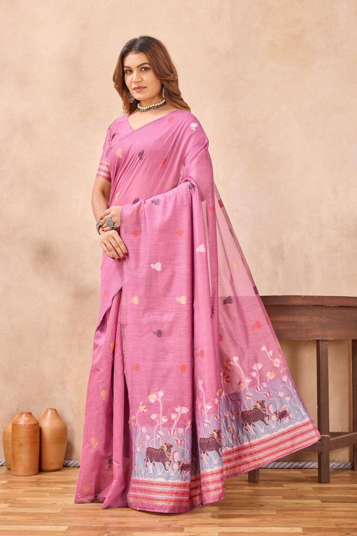 Divine International Trading Co Pink Linen Designer Party Wear Festive Saree With Unstitched Blouse Piece
