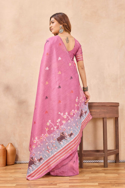 Divine International Trading Co Pink Linen Designer Party Wear Festive Saree With Unstitched Blouse Piece