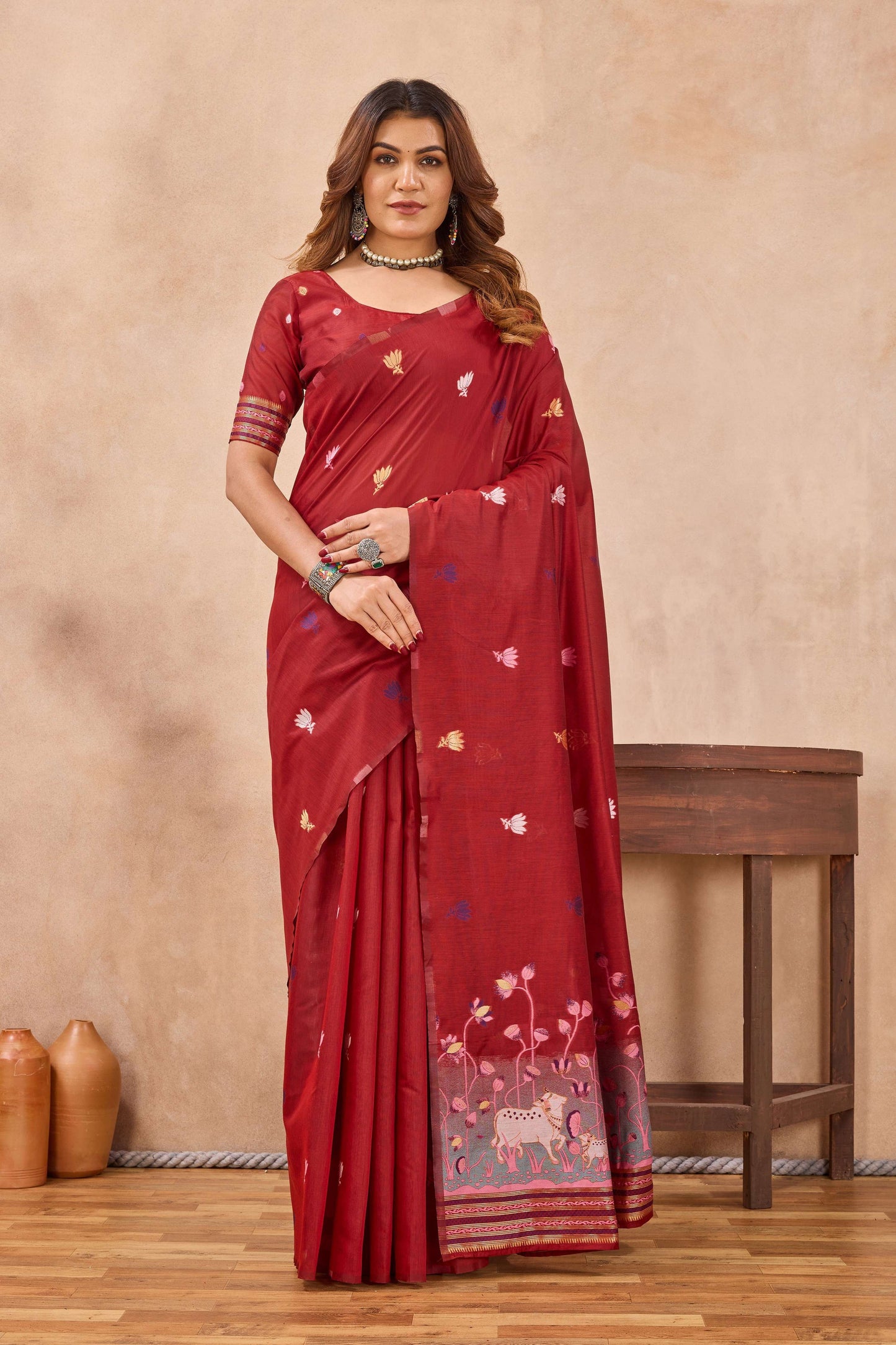 Divine International Trading Co Red Linen Designer Party Wear Festive Saree With Unstitched Blouse Piece