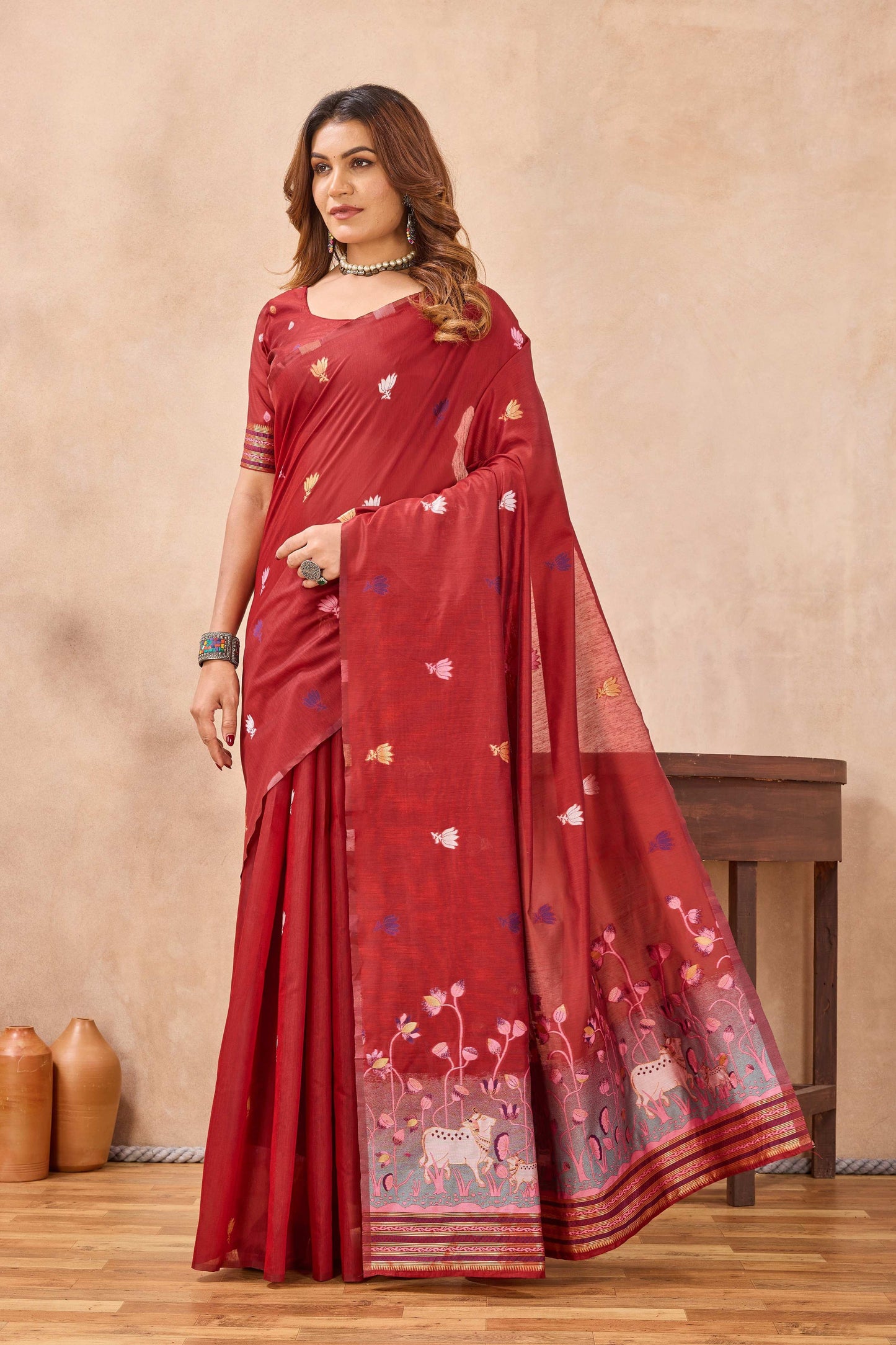 Divine International Trading Co Red Linen Designer Party Wear Festive Saree With Unstitched Blouse Piece