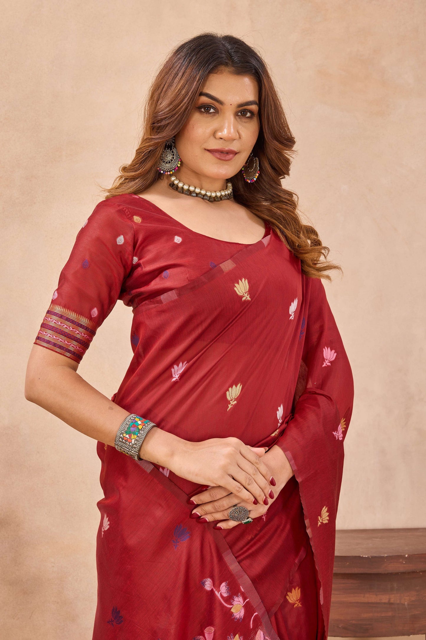 Divine International Trading Co Red Linen Designer Party Wear Festive Saree With Unstitched Blouse Piece