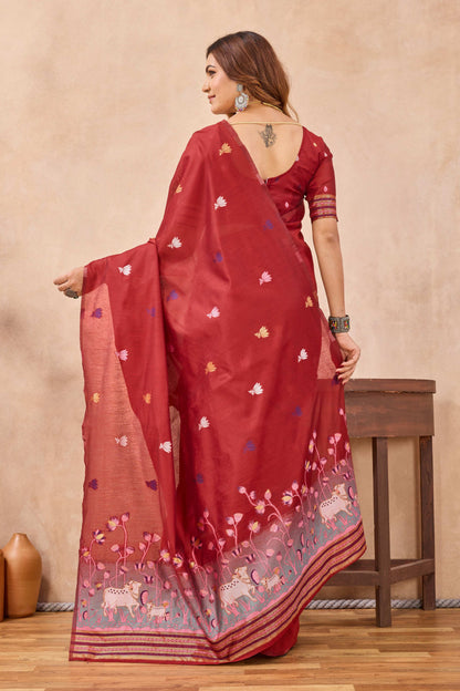 Divine International Trading Co Red Linen Designer Party Wear Festive Saree With Unstitched Blouse Piece
