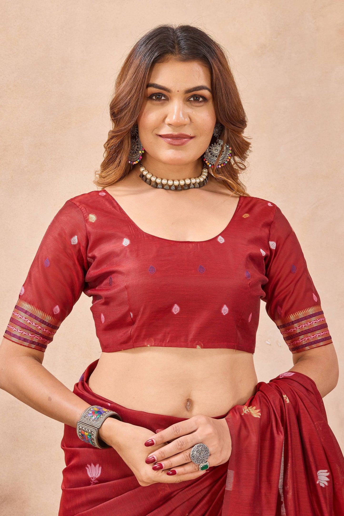 Divine International Trading Co Red Linen Designer Party Wear Festive Saree With Unstitched Blouse Piece
