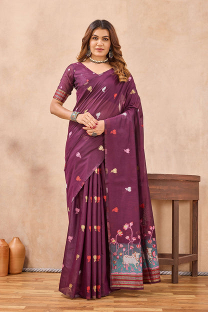 Divine International Trading Co Wine Linen Designer Party Wear Festive Saree With Unstitched Blouse Piece