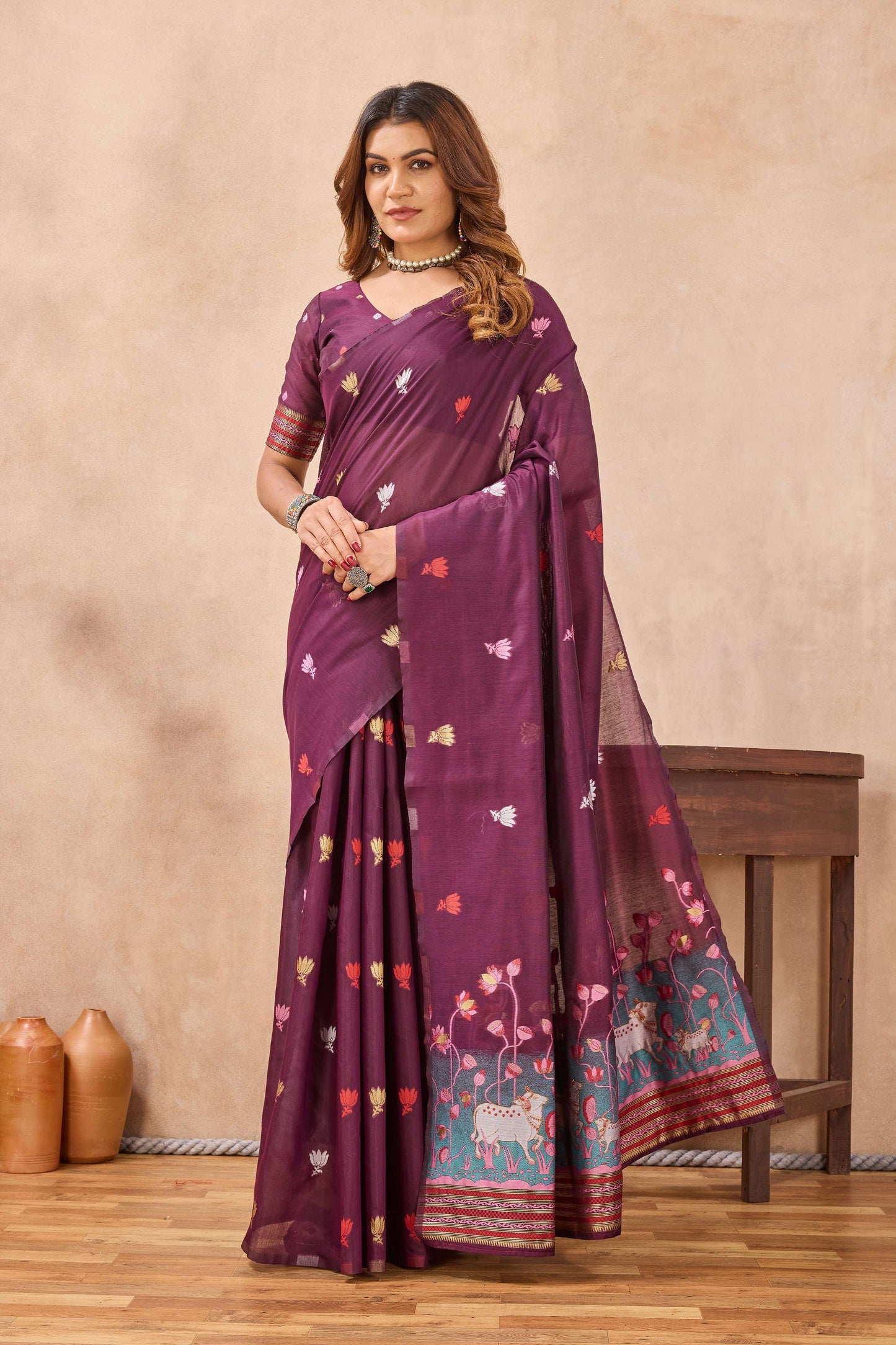Divine International Trading Co Wine Linen Designer Party Wear Festive Saree With Unstitched Blouse Piece