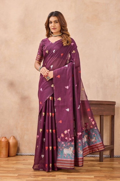 Divine International Trading Co Wine Linen Designer Party Wear Festive Saree With Unstitched Blouse Piece