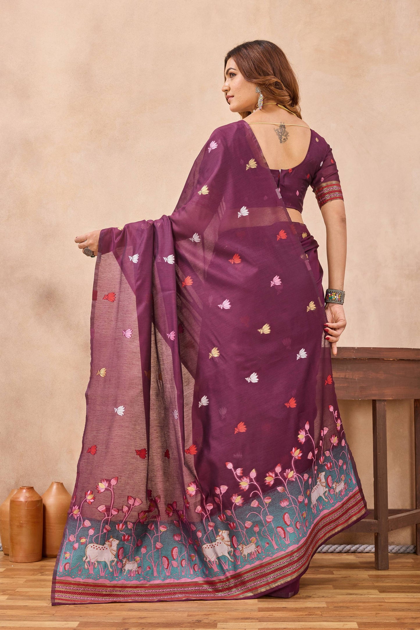 Divine International Trading Co Wine Linen Designer Party Wear Festive Saree With Unstitched Blouse Piece