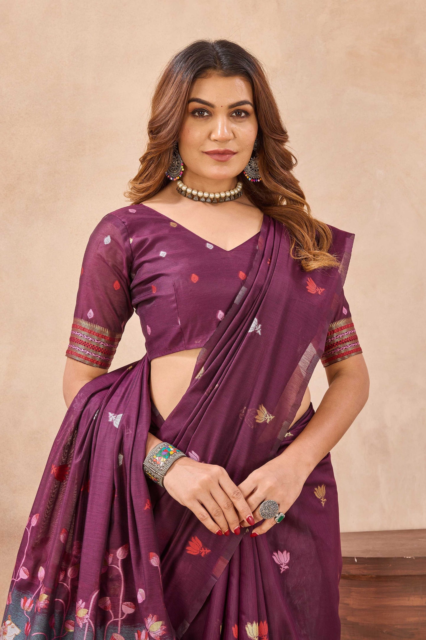 Divine International Trading Co Wine Linen Designer Party Wear Festive Saree With Unstitched Blouse Piece
