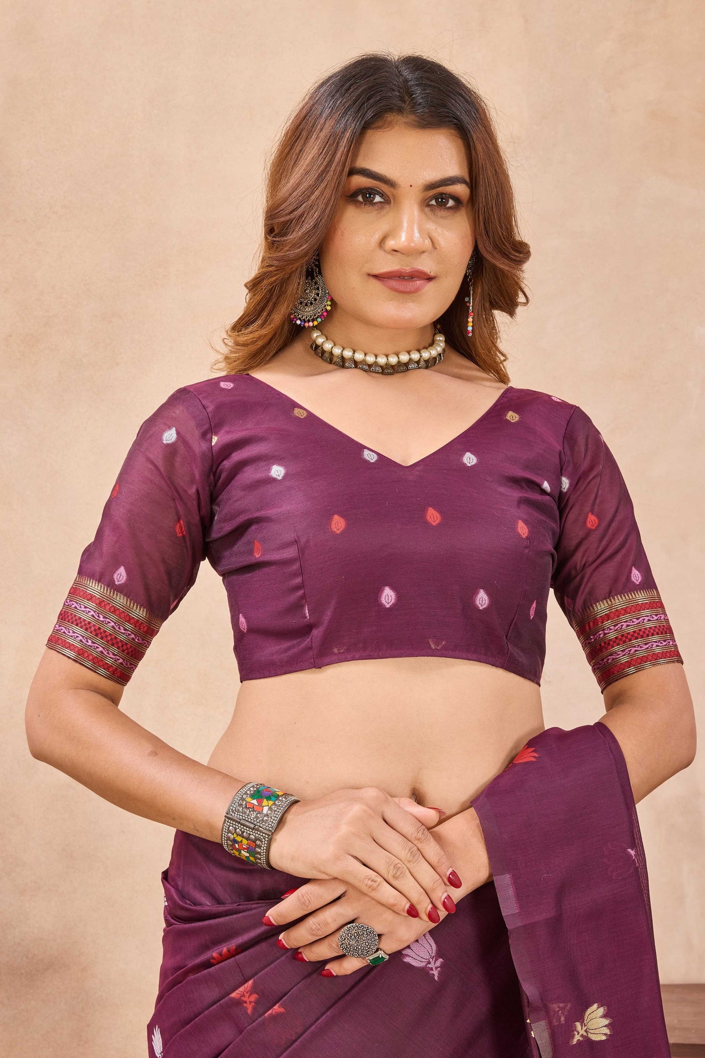 Divine International Trading Co Wine Linen Designer Party Wear Festive Saree With Unstitched Blouse Piece