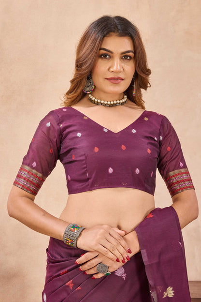 Divine International Trading Co Wine Linen Designer Party Wear Festive Saree With Unstitched Blouse Piece