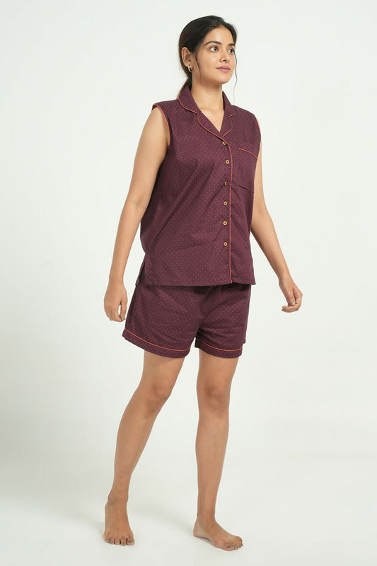 Breathables Women Cotton Night Suit Shirt And Shorts Co-Ord Set Maroon I Nightwear | Loungewear Set