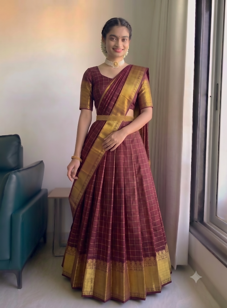 Teeya Creation Classic Maroon Checkered Silk Lehenga Choli with Heavy Zari Border
