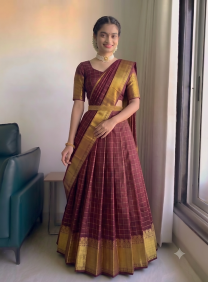 Teeya Creation Classic Maroon Checkered Silk Lehenga Choli with Heavy Zari Border