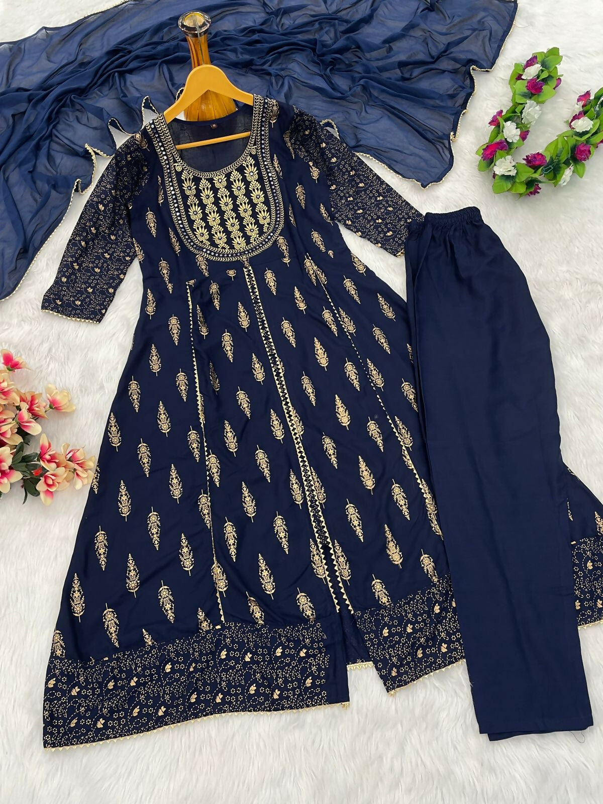 Teeya Creation Women's Navy Blue Fully Stitched Ethnic Kurta With Pant And Dupatta