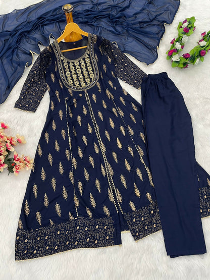 Teeya Creation Women's Navy Blue Fully Stitched Ethnic Kurta With Pant And Dupatta