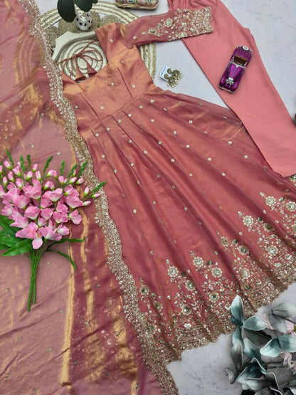 Teeya Creation Womens New Latest Trendy Elegant Peach Embroidered Anarkali Suit Set with Scalloped Dupatta