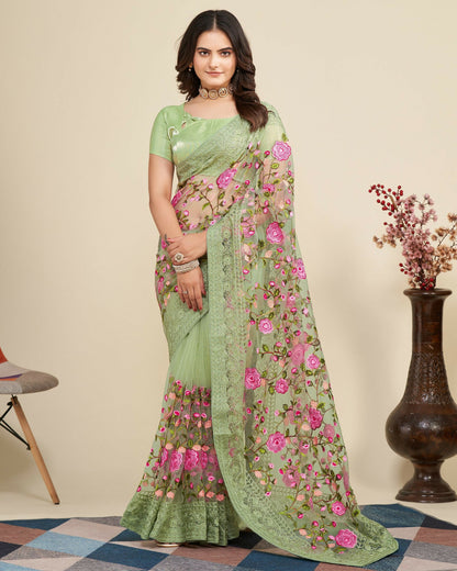 Teeya Creation Womens Latest Stylish Party Wear Soft Net Saree-Green